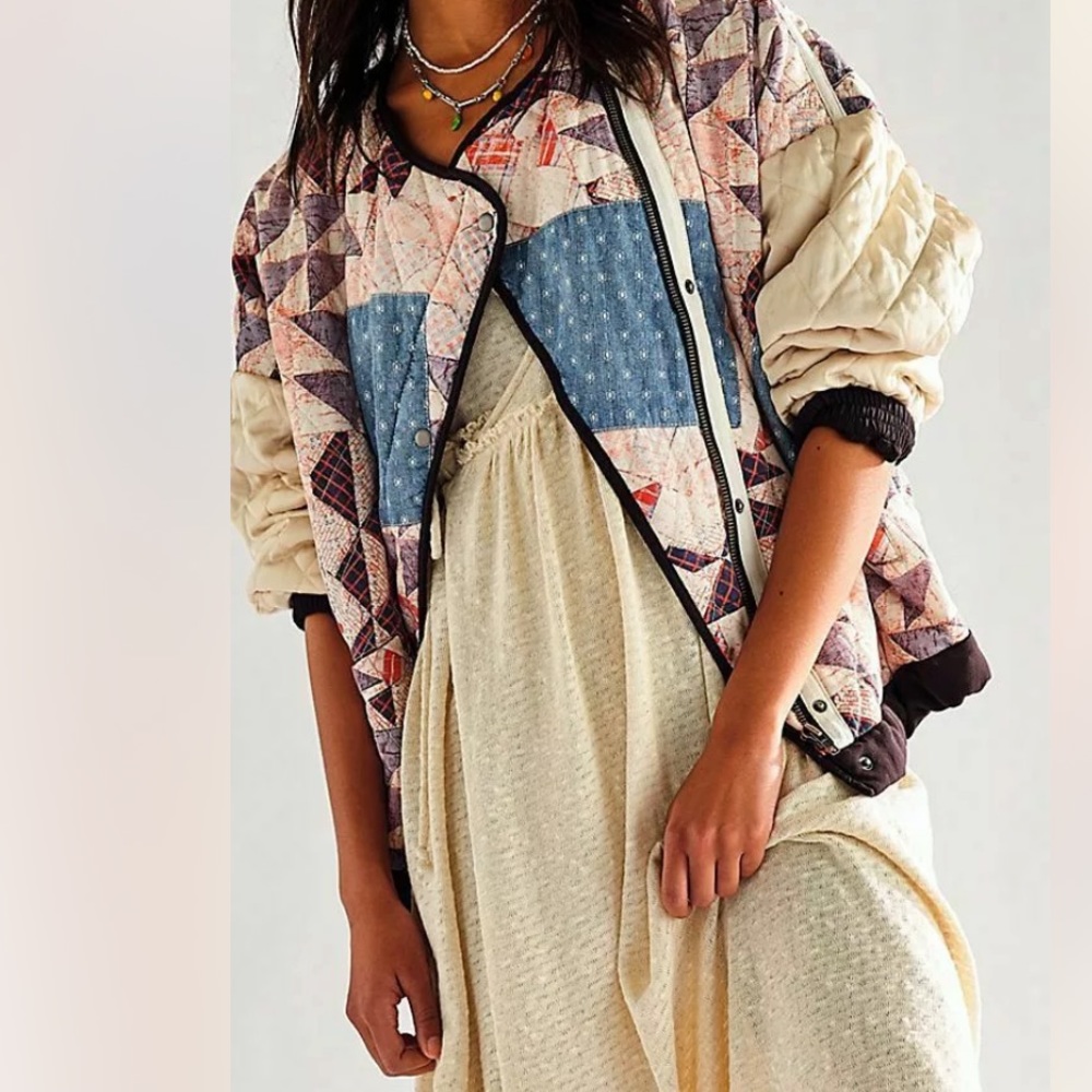 Free People Rudy Patchwork Quilted Bomber Jacket - size L - Picture 2 of 10